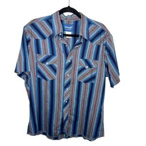 WRANGLER / vintage blue red striped short sleeve pearl snap button up shirt / M